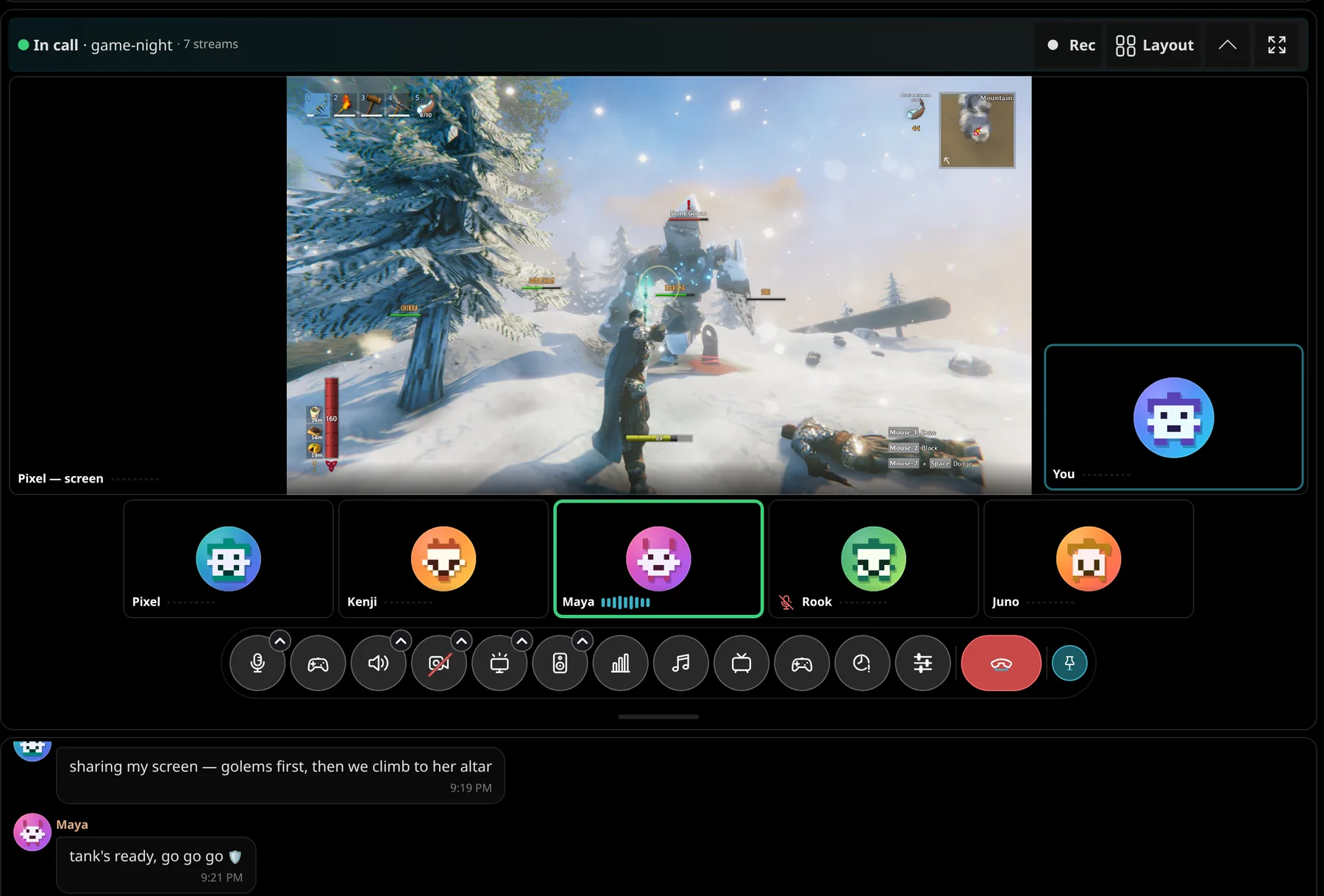 Pixel's game stream on stage in a call with six friends, with the call buttons underneath.