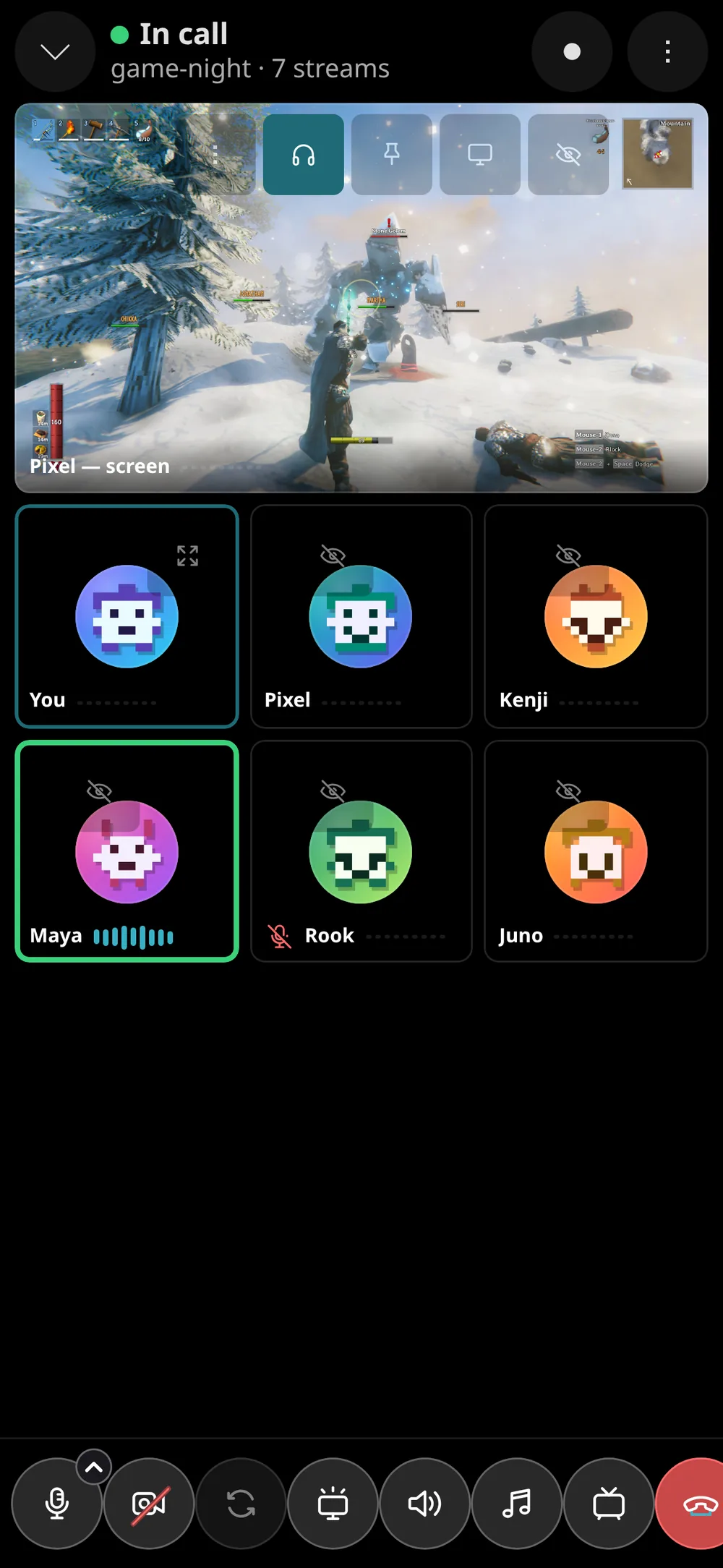 Tin Hat on a phone: a full-screen call with Pixel's stream on top and everyone's tiles.