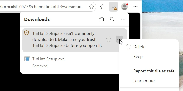 Pointing at the download shows a trash can and a three-dot button; its menu has Delete, Keep, Report this file as safe and Learn more.
